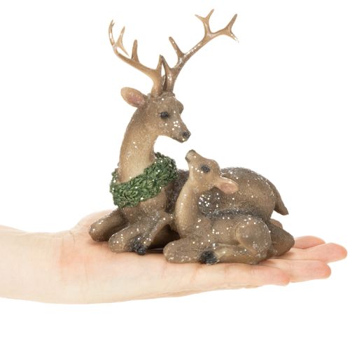 Koristeellinen peuraperheen figuuri, jossa on lunta talvikoristeena, 17 cm | Floristik24.fi