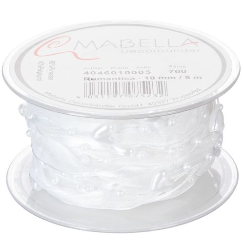 kohteita Hääkoristelu organzanauha valkoinen 10mm x 5m sydämillä ja helmillä