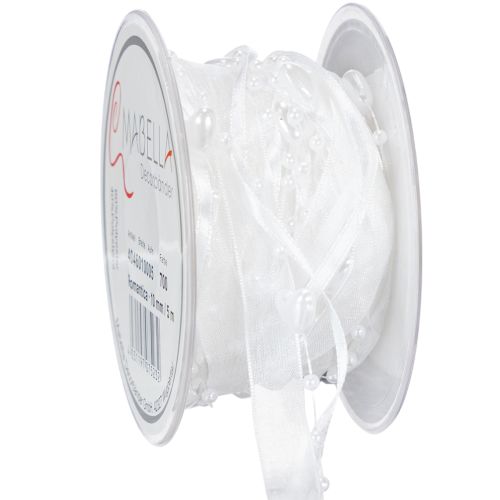 Hääkoristelu organzanauha valkoinen 10mm x 5m sydämillä ja helmillä