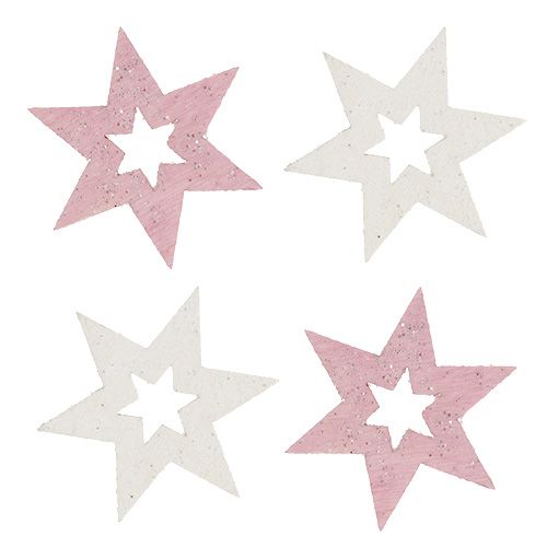 Puinen tähti 3,5 cm vaaleanpunainen / valkoinen kimalluksella 72kpl
