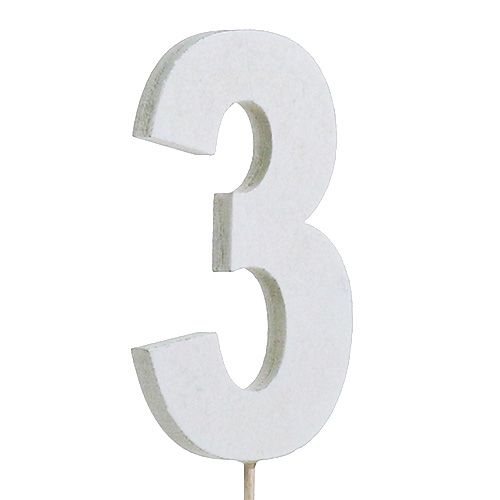 Vuosipäivä &quot;3&quot; kepissä valkoinen L27cm 10kpl