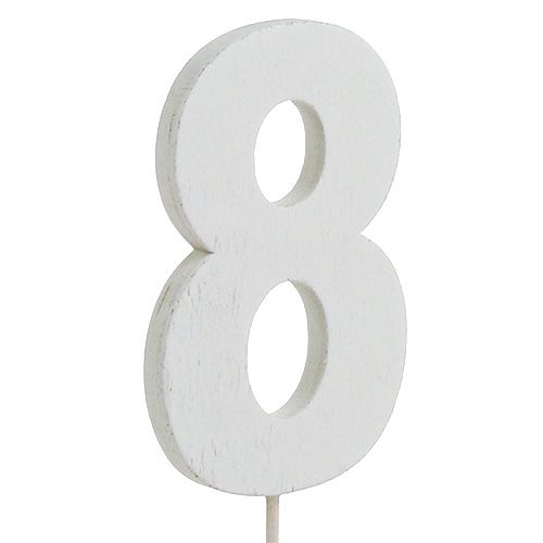 Vuosipäivänumero &quot;8&quot; kepissä valkoinen L27cm 10kpl