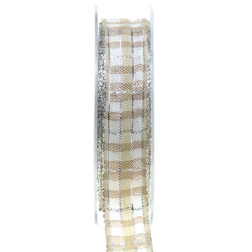 Floristik24 Tarkista nauha kiillolla luonnonhopeista 25mm 15m