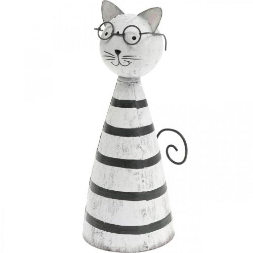 Kissa lasilla, koristeellinen figuuri paikoilleen, kissafiguuri metalli mustavalkoinen H16cm Ø7cm