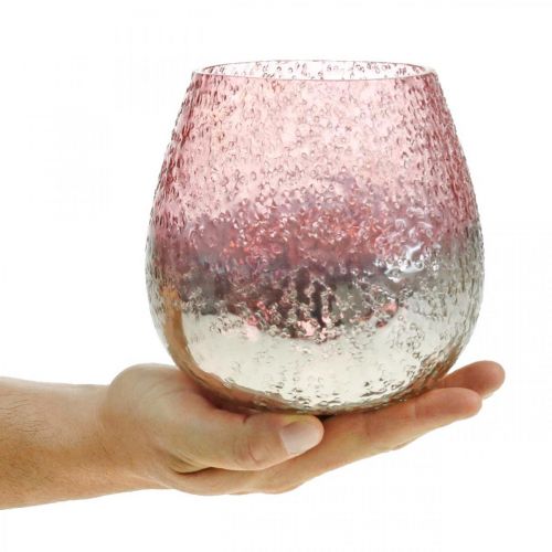 kohteita Lasinen lyhty, teekynttilän pidike, pöydän koriste, kynttilä lasi vaaleanpunainen/hopea Ø15cm K15cm