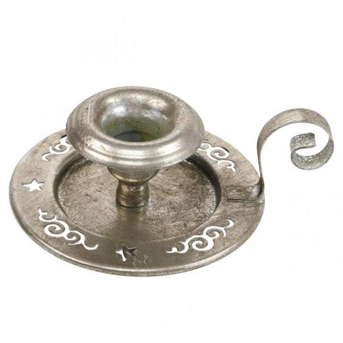 Kynttilänjalka metallinen kynttilälevy kahvalla hopea Ø12cm