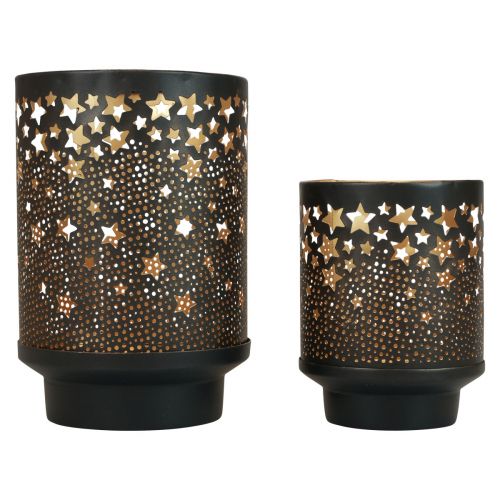 Metallinen kynttilänjalka musta/kulta tähdet H13,5cm/19cm 2 kpl sarja