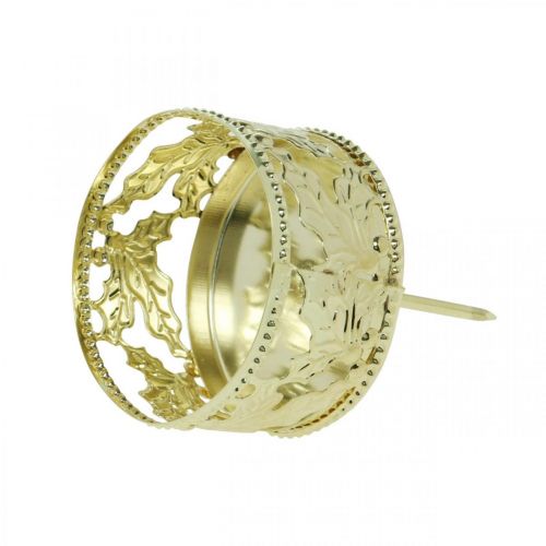 Floristik24 Kynttilänjalka kiinnitykseen, Adventtikoristeet, kynttilänjalka holly koristeet kultainen Ø5,5cm 4 kpl