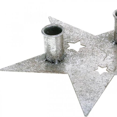 kohteita Kynttiläkoristelutähti, metallikoristeet, kynttilänjalka 2 kartiokynttilälle hopea, antiikkinäkö 23cm × 22cm