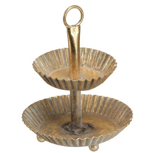 Pieni 2-kerroksinen metallinen kakkuteline antiikkikultaa Ø13cm K16,5cm