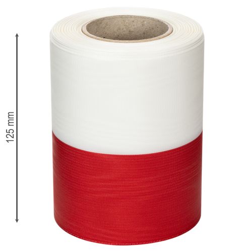 kohteita Valkoinen ja punainen moiré-seppelenauha, 125 mm - surunauha, koristenauha, rusettinauha, juhlanauha, 25 m rulla