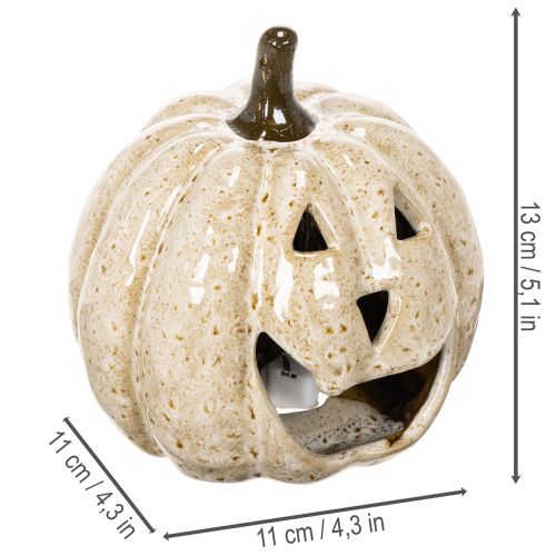 Keraaminen kurpitsakoriste LED-valolla ja virnistelevällä kasvolla, 13 cm | Floristik24.fi