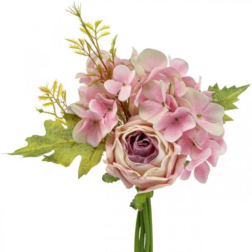 kohteita Keinotekoinen kimppu, hortensiakimppu ruusuilla vaaleanpunainen 32cm