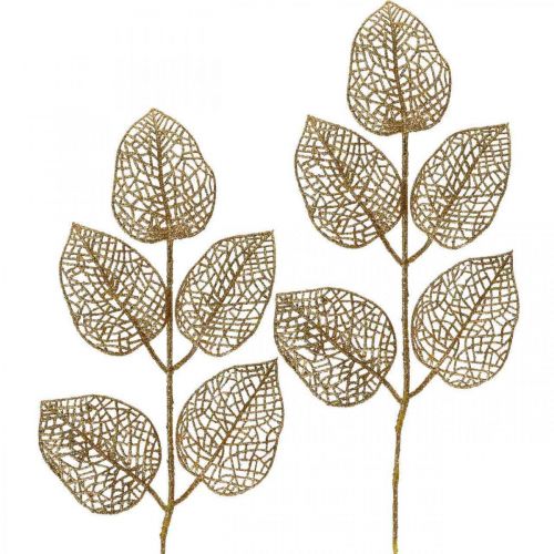 kohteita Tekokasveja, oksakoristeita, koristelehtiä kultaista glitteriä L36cm 10 kpl