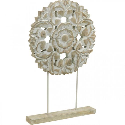 Kukkamandala, puinen koristelu paikoilleen, kesäkoristelu, pöytäkoriste shabby chic natural, valkoinen H54,5cm Ø34cm