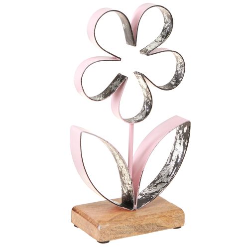 Metallikukka puisella pohjalla Pinkki Hopea Vintage K29cm