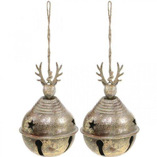 Metallikellot porokoristeella, adventtikoriste, joulukello tähdillä, kultakellot antiikkilook Ø9cm H14cm 2kpl.