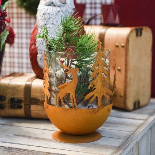 Floristik24 Metallinen kulho peuralla, metsäkoriste adventtiin, koristeellinen purkki Rust Ø25cm H29cm
