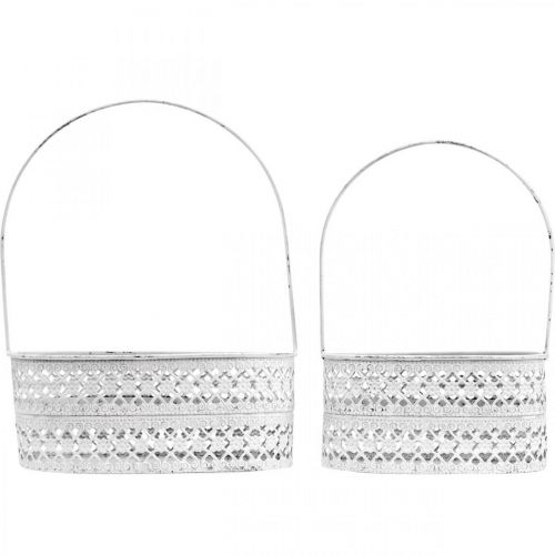 Floristik24 Metallikori soikea, koristeellinen istutusastia valkoinen, hopea vintage look L17 / 22cm H25 / 28cm sarja 2