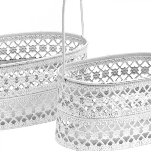 Metallikori soikea, koristeellinen istutusastia valkoinen, hopea vintage look L17 / 22cm H25 / 28cm sarja 2