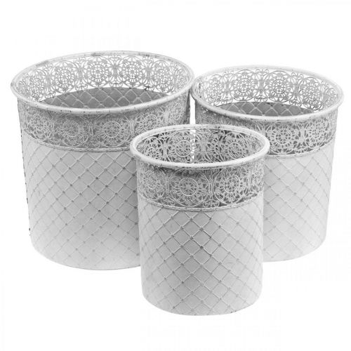 Floristik24 Pitsikuvioinen kasviruukku, metalliastia, koristeämpäri valkoinen, hopea shabby chic H28/25,5/23,5 cm Ø29,5/25,5/20 cm 3 kpl setti