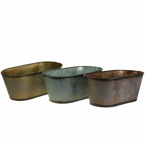 Floristik24 Koristeellinen kasviastia lehdillä Ovaali Sinkki Metallinen Harmaa, Oranssi, Ruskea 38×20cm K15cm 3kpl.