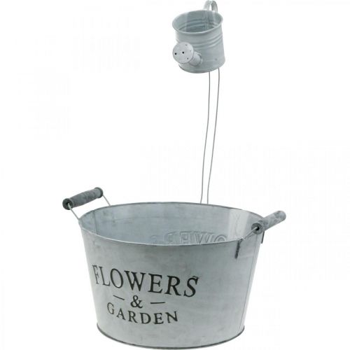 Floristik24 Istutuskulho kastelukannulla, puutarhakoristelu, metallinen istutuslautanen hopeanvalkoinen pesty K41cm Ø28cm/Ø7cm