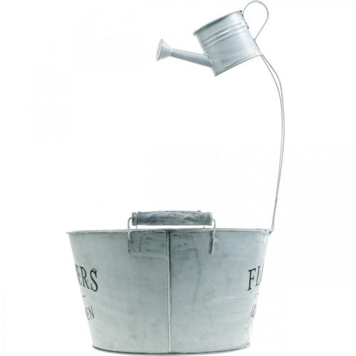 kohteita Istutuskulho kastelukannulla, puutarhakoristelu, metallinen istutuslautanen hopeanvalkoinen pesty K41cm Ø28cm/Ø7cm
