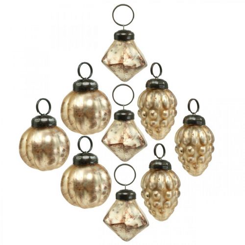 Floristik24 Mini lasipallosekoitus, timantti / pallo / kartio, puukoristeet, antiikki ilme Ø3-3,5cm K4,5-5,5cm 9kpl