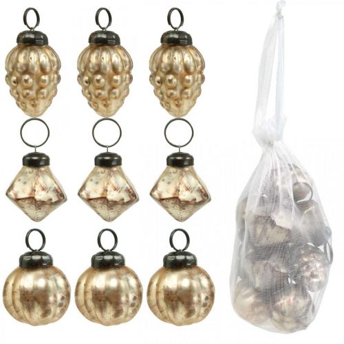 Floristik24 Mini lasipallosekoitus, timantti / pallo / kartio, puukoristeet, antiikki ilme Ø3-3,5cm K4,5-5,5cm 9kpl