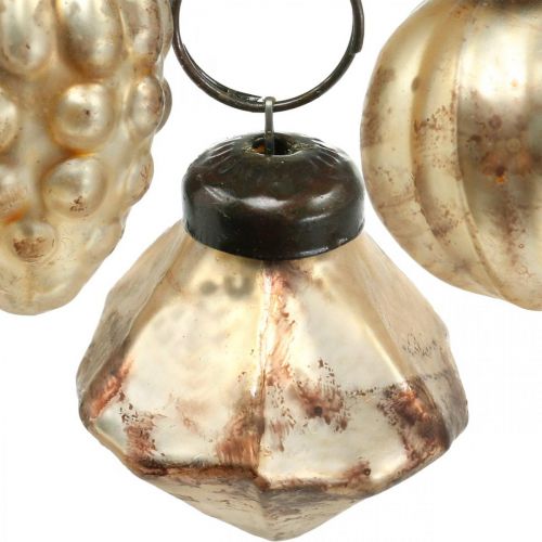 Floristik24 Mini lasipallosekoitus, timantti / pallo / kartio, puukoristeet, antiikki ilme Ø3-3,5cm K4,5-5,5cm 9kpl