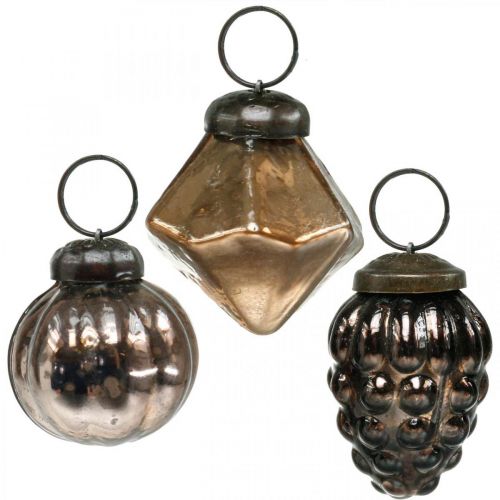 kohteita Mini joulupallot, timantti / pallo / kartio, lasiriipukset sekoitus antiikkista ilmettä Ø3-3,5cm K4,5-5,5cm 9kpl
