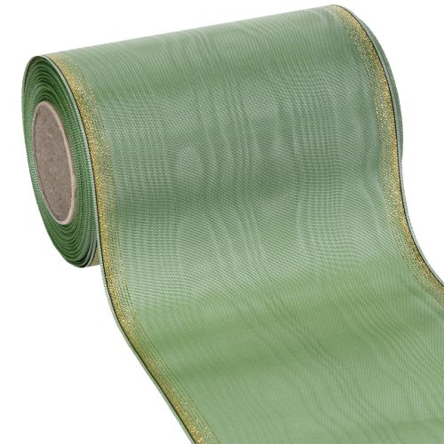 Moiré-seppelenauha salvianvihreä kultareunalla, 150 mm x 25 m, koristenauha kukkakauppoihin ja seppeleisiin ostaa | Floristik24.fi
