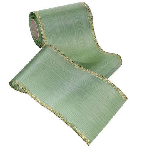 Moiré-seppelenauha salvianvihreä kultareunalla, 150 mm x 25 m, koristenauha kukkakauppoihin ja seppeleisiin | Floristik24.fi