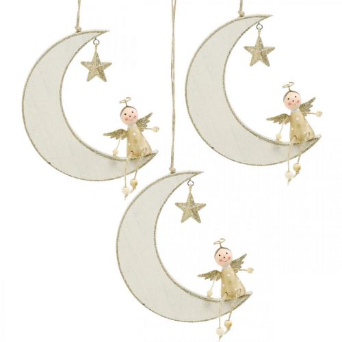 Adventtikoriste, Enkeli kuun päällä, Puinen riippukoriste Valkoinen, kultainen H14,5cm W21,5cm 3kpl 3kpl