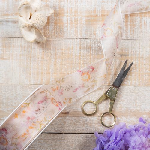 kohteita Organzanauha, sifonkinauha, kukkakuvio, oranssi/pinkki, 40 mm, 15 m