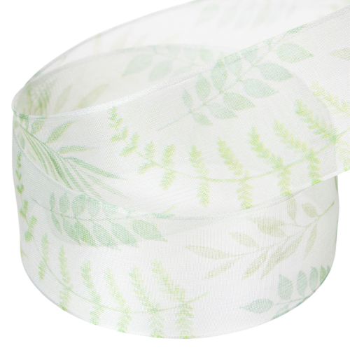 Organzanauha, sifonkinauha, vihreä lehtikärhöillä, 40 mm leveä, 15 m pitkä | Floristik24.fi