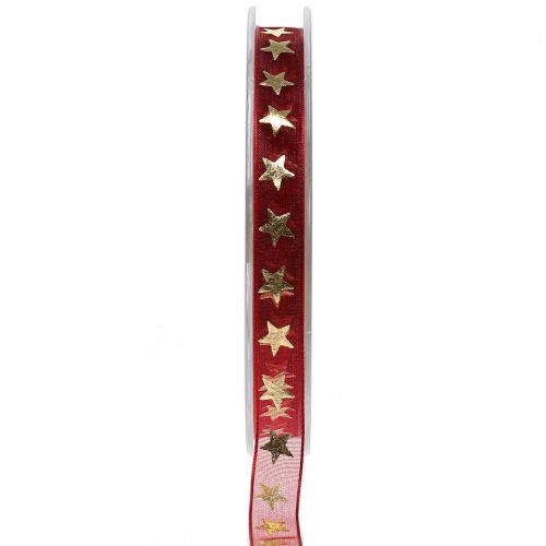 Floristik24 Organzanauha tummanpunainen, kultaiset tähdet 10mm 20m