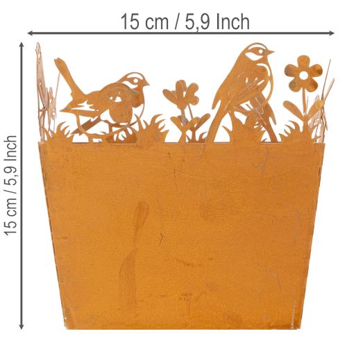 Metallinen kukkaruukku linnuilla, istutuslaatikko, jousi, ruosteenvärinen, 15,5 cm korkea | Floristik24.fi