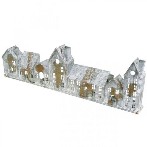Valaistuvat talot, ikkunakoristeet, hopeiset majat, antiikkityylinen metallilyhty, P 67,5 cm K 20 cm | Floristik24.fi