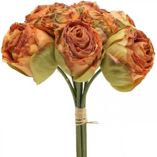 Floristik24 Ruusu nippu, silkkikukat, keinotekoisia ruusuja oranssi, antiikki näyttää L23cm 8kpl 8cm