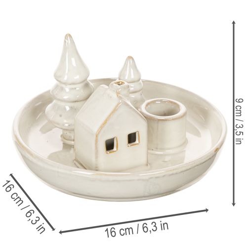 Koristeellinen keraaminen kynttilänjalka, jossa on talo ja puita, 16 cm | Floristik24.fi