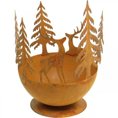 Metallinen kulho peuralla, metsäkoriste adventtiin, koristeellinen purkki Rust Ø25cm H29cm