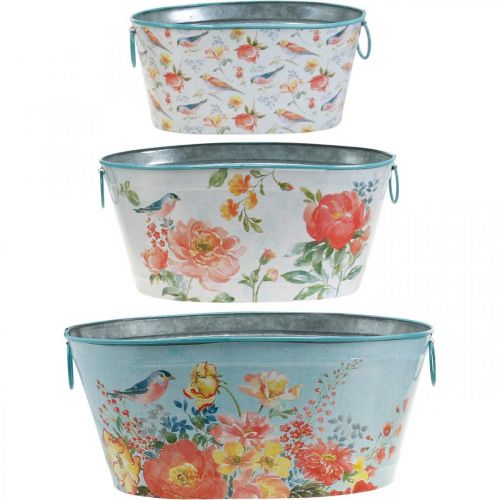 kohteita Kukkamaljat, kevät, ruukkukasvit, kukat/linnut, metalliastia, soikea, P39/31/24,5 cm, 3 kpl setti