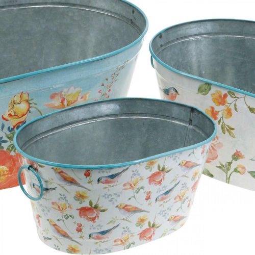 kohteita Kukkamaljat, kevät, ruukkukasvit, kukat/linnut, metalliastia, soikea, P39/31/24,5 cm, 3 kpl setti