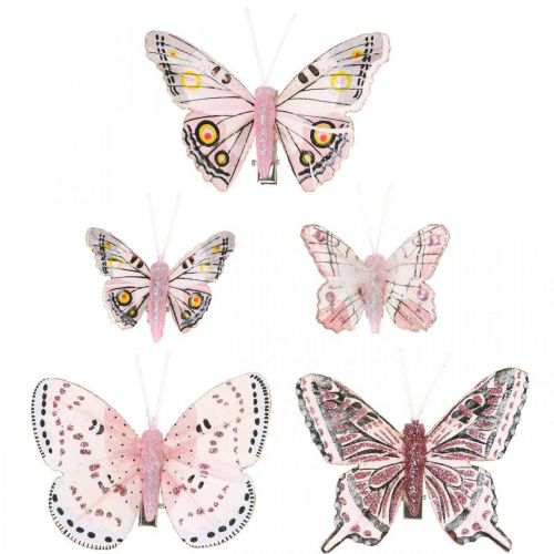 Deco-perhoset klipsillä, höyhenperhoset pinkki 4,5-8cm 10p