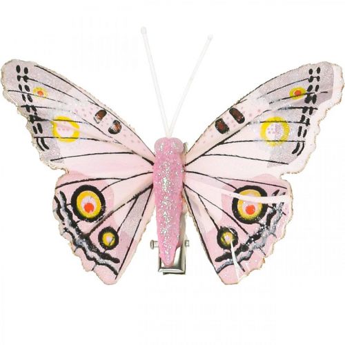 kohteita Deco-perhoset klipsillä, höyhenperhoset pinkki 4,5-8cm 10p