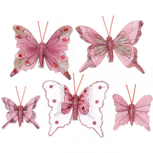 Deco-perhoset klipsillä, höyhenperhoset pinkki 4,5-8cm 10kpl