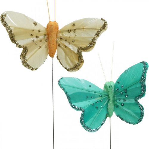 Perhonen glitterillä, dekotulpat, höyhenperhonen kevätkeltainen, turkoosi, vihreä 4×6,5cm 24kpl