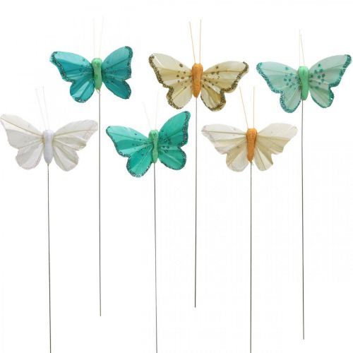 Perhonen glitterillä, dekotulpat, höyhenperhonen kevätkeltainen, turkoosi, vihreä 4×6,5cm 24kpl